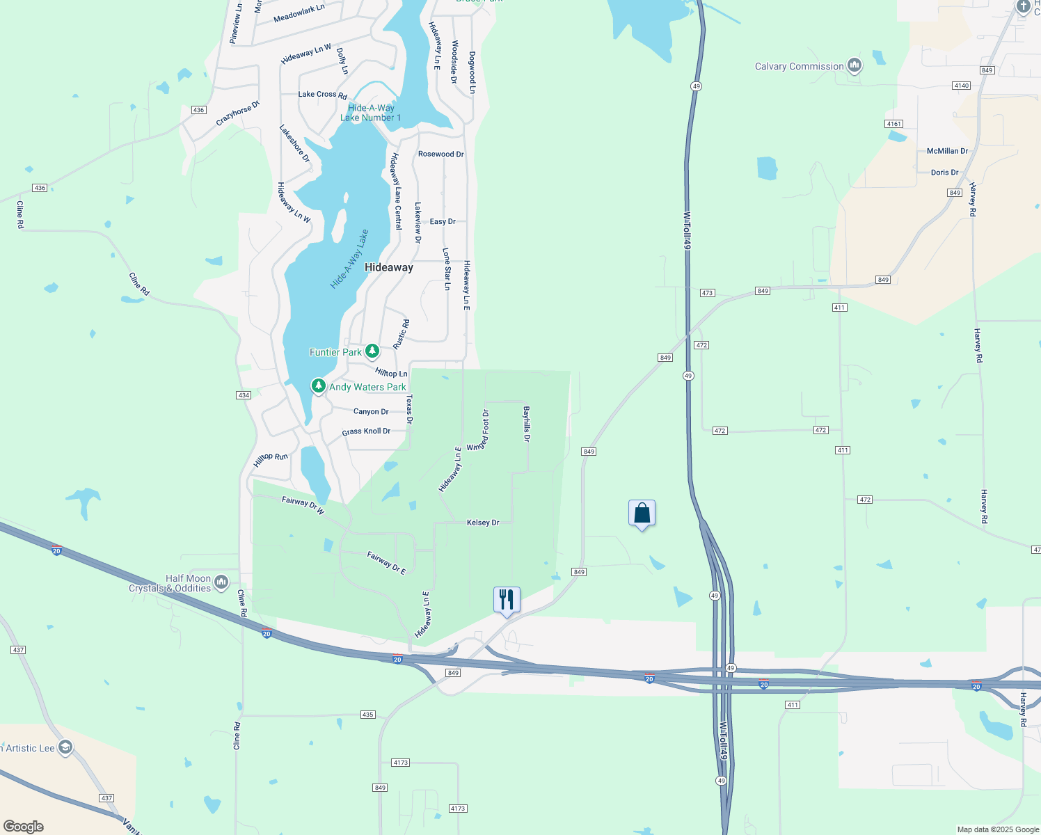 map of restaurants, bars, coffee shops, grocery stores, and more near 218 Bayhills Drive in Hideaway