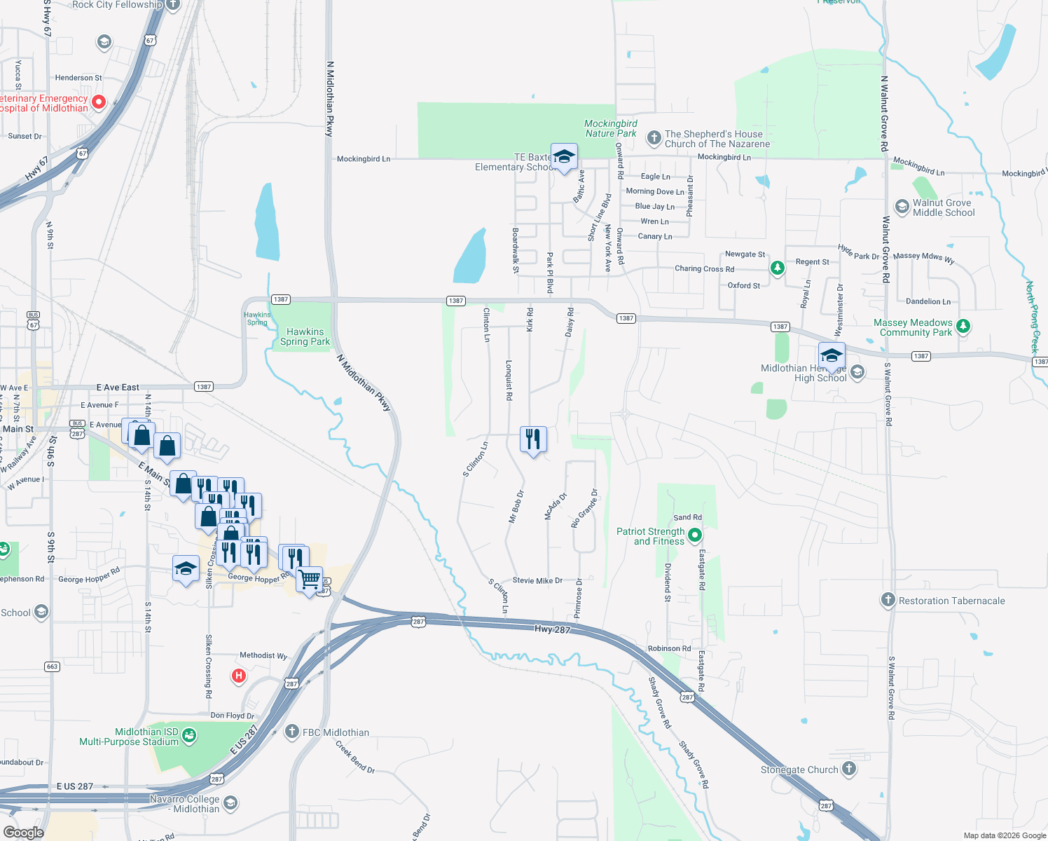 map of restaurants, bars, coffee shops, grocery stores, and more near 121 Kirk Road in Midlothian