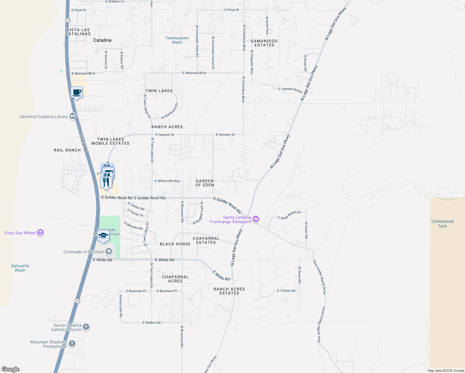 map of restaurants, bars, coffee shops, grocery stores, and more near 4240 East White Hill Way in Tucson