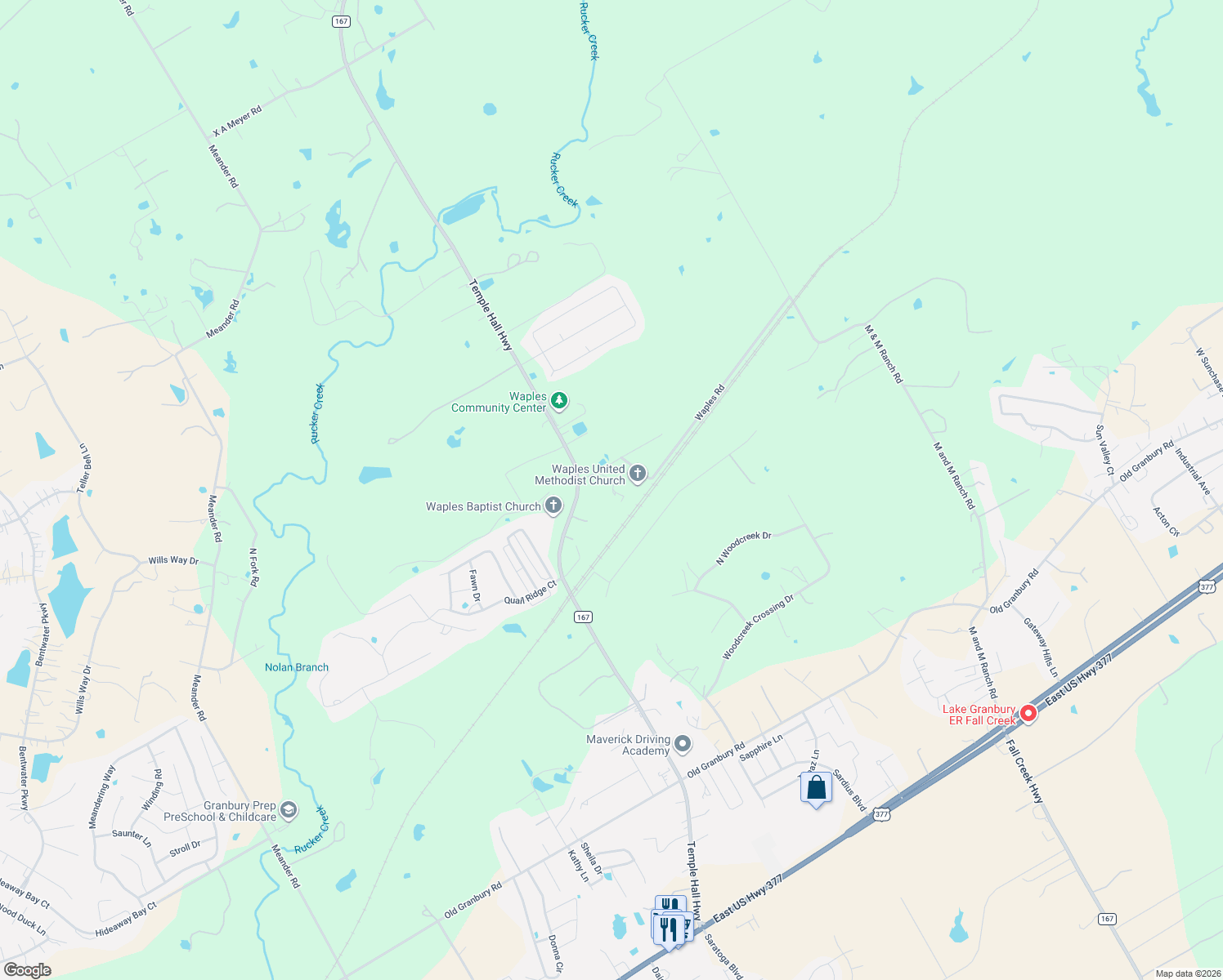 map of restaurants, bars, coffee shops, grocery stores, and more near 4215 Waples Road in Granbury