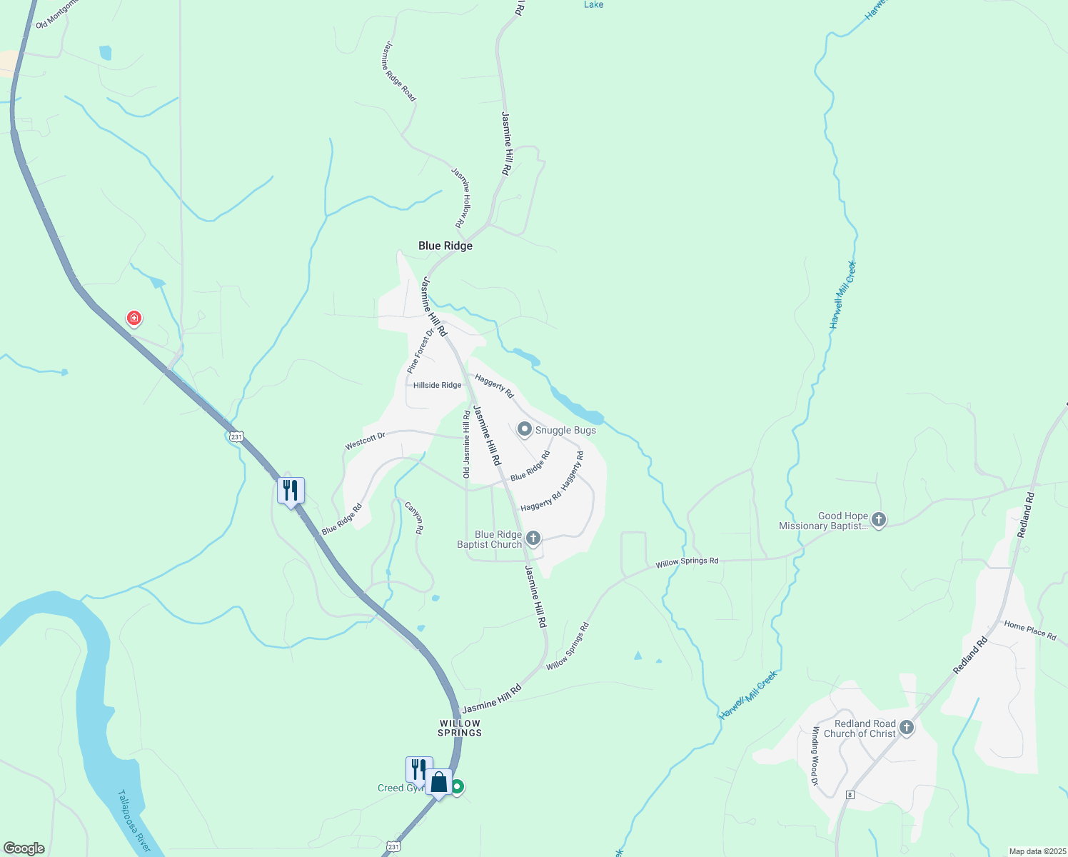 map of restaurants, bars, coffee shops, grocery stores, and more near 638 Haggerty Road in Wetumpka