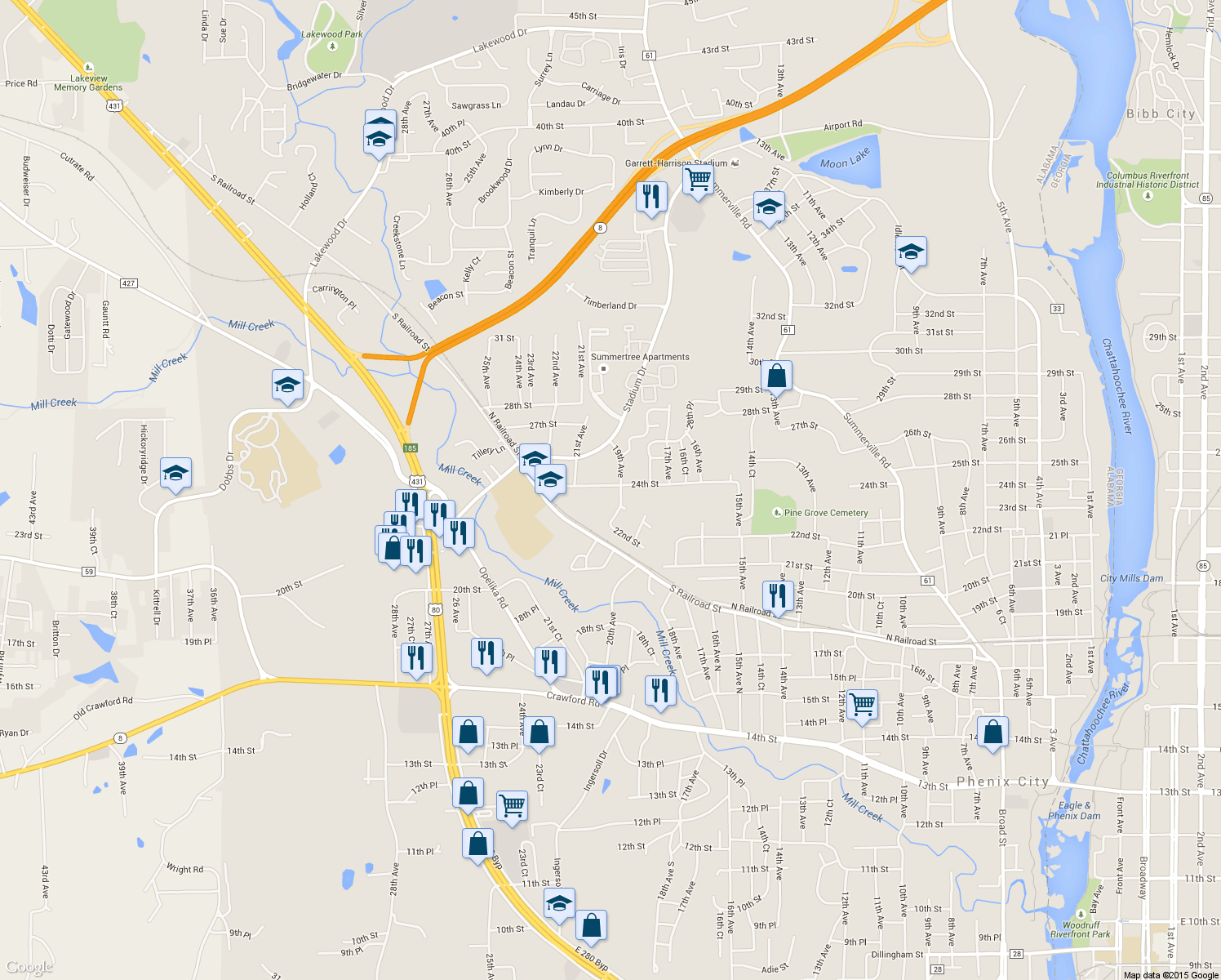 map of restaurants, bars, coffee shops, grocery stores, and more near 1903 24th St in Phenix City
