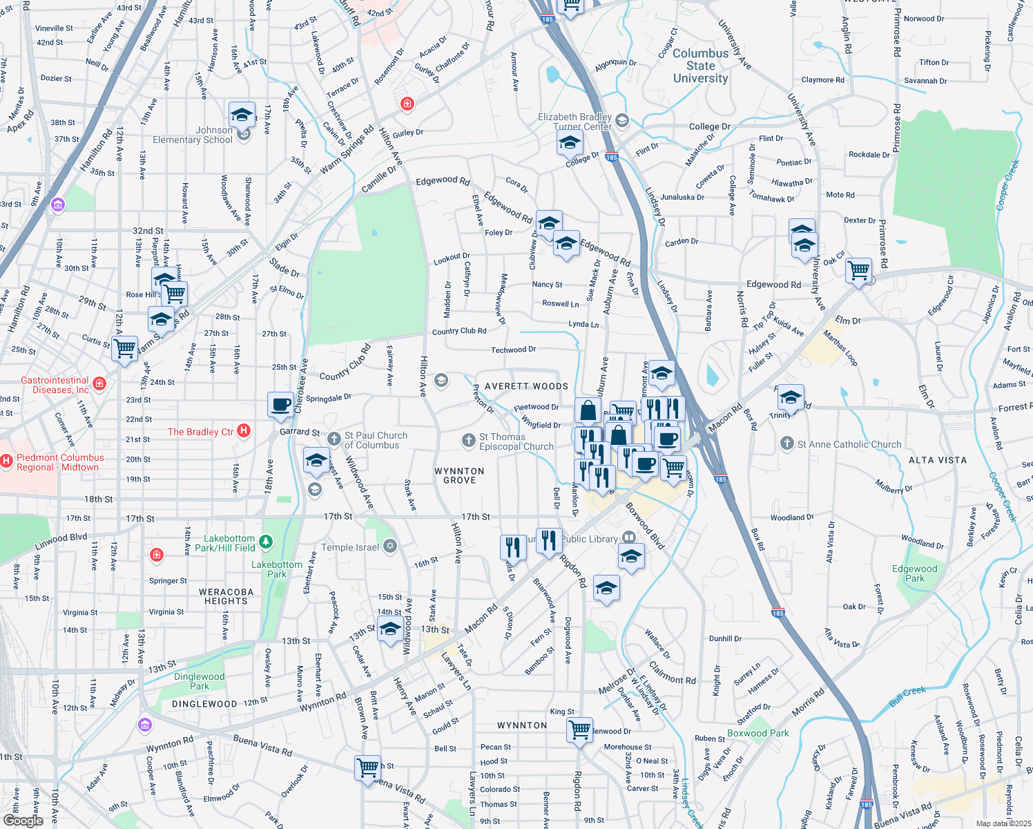 map of restaurants, bars, coffee shops, grocery stores, and more near 2714 Fleetwood Dr in Columbus