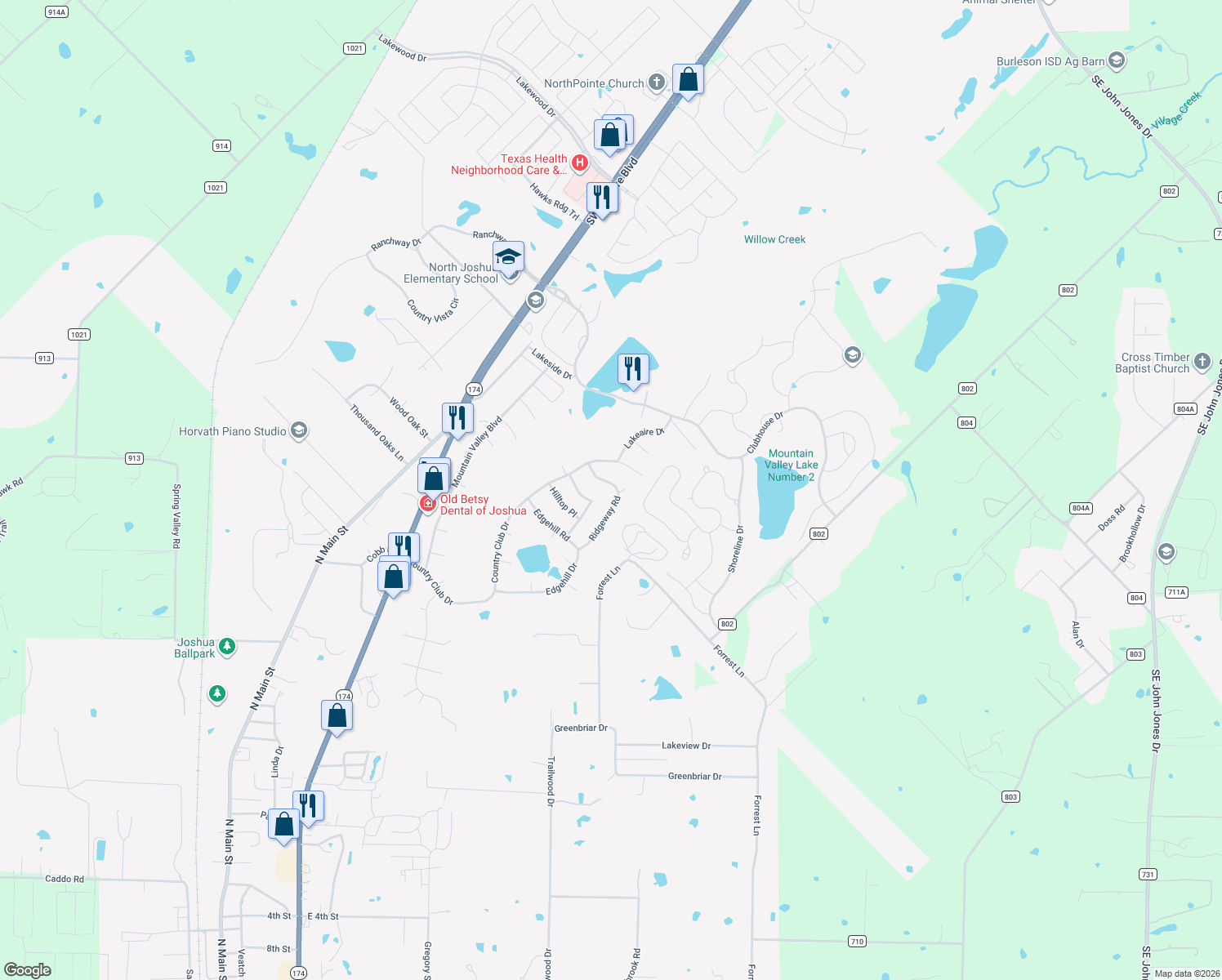 map of restaurants, bars, coffee shops, grocery stores, and more near 710 Ridgeway Road in Joshua