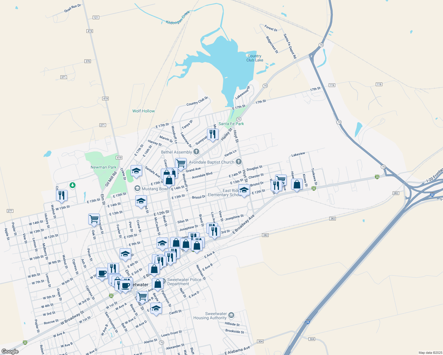 map of restaurants, bars, coffee shops, grocery stores, and more near 1603 East 14th Street in Sweetwater