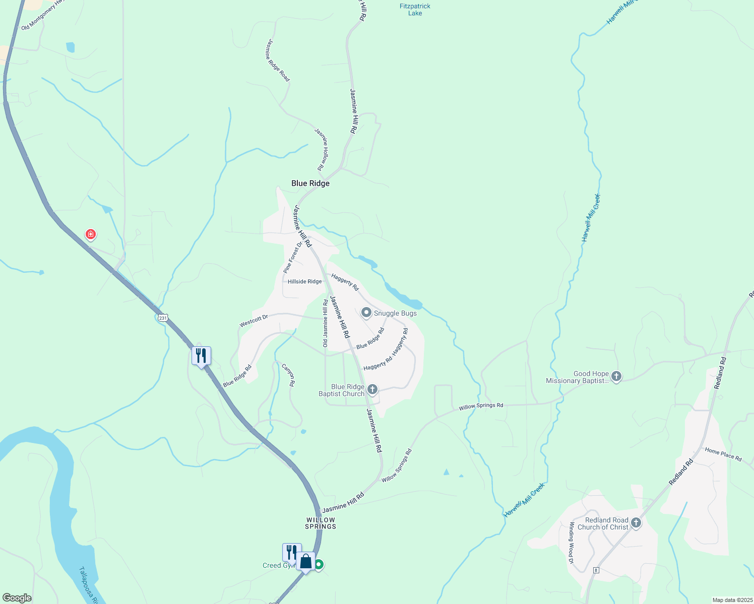 map of restaurants, bars, coffee shops, grocery stores, and more near 638 Haggerty Road in Wetumpka