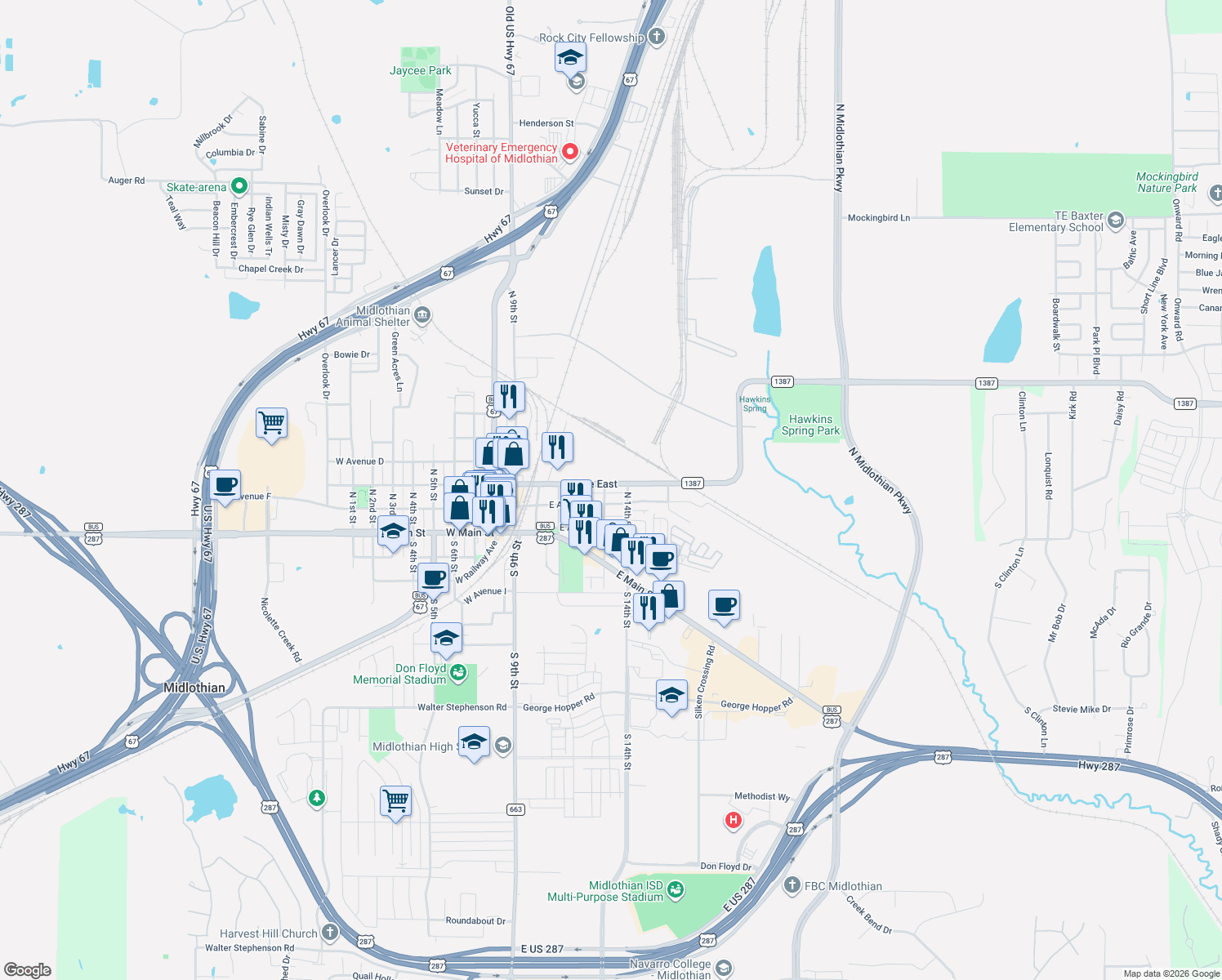 map of restaurants, bars, coffee shops, grocery stores, and more near 506 E Avenue East in Midlothian