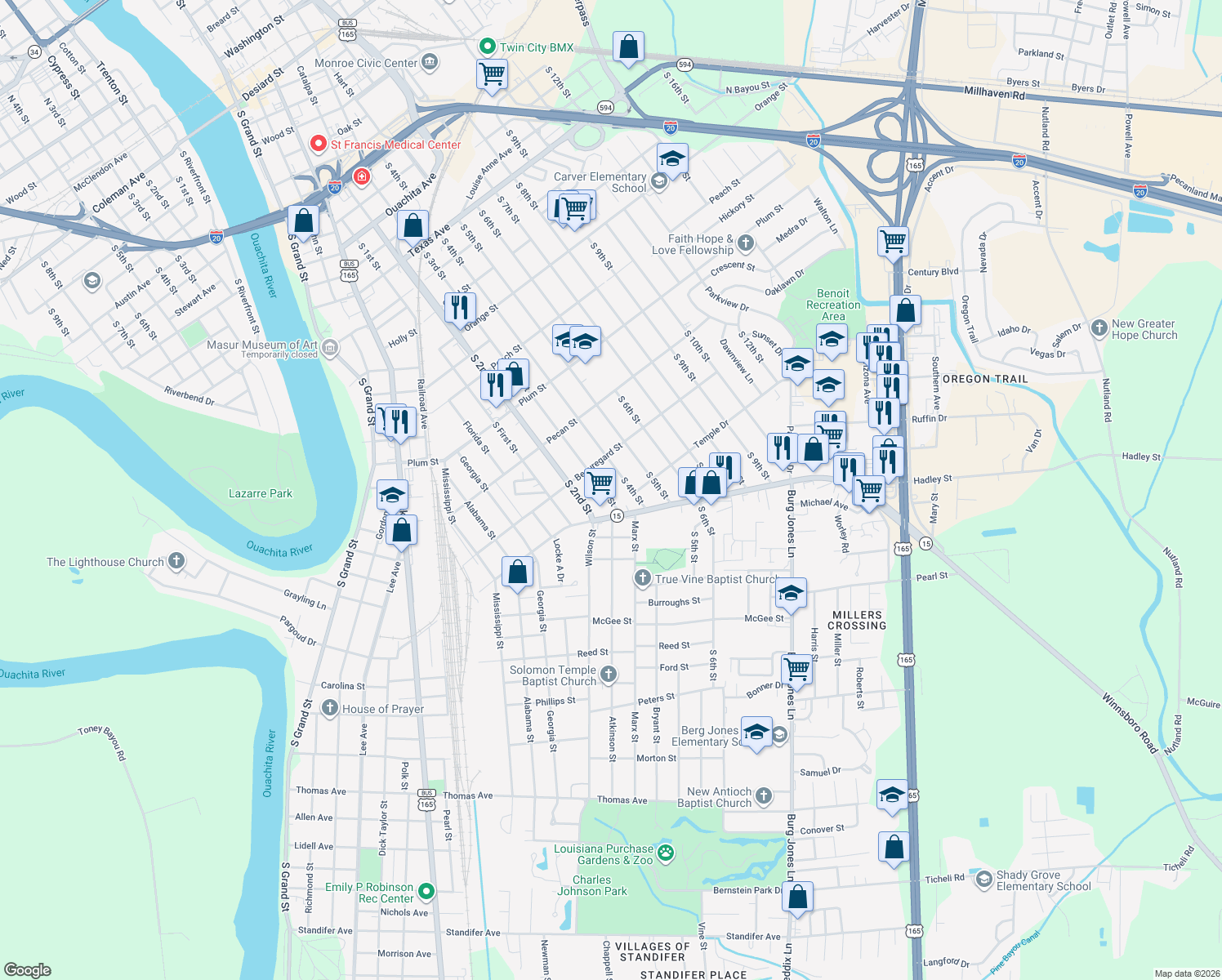 map of restaurants, bars, coffee shops, grocery stores, and more near 1703 S 3rd St in Monroe