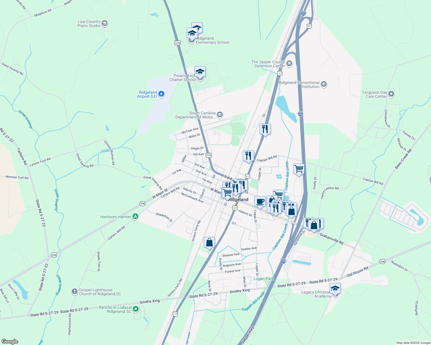 map of restaurants, bars, coffee shops, grocery stores, and more near 498 3rd Avenue in Ridgeland