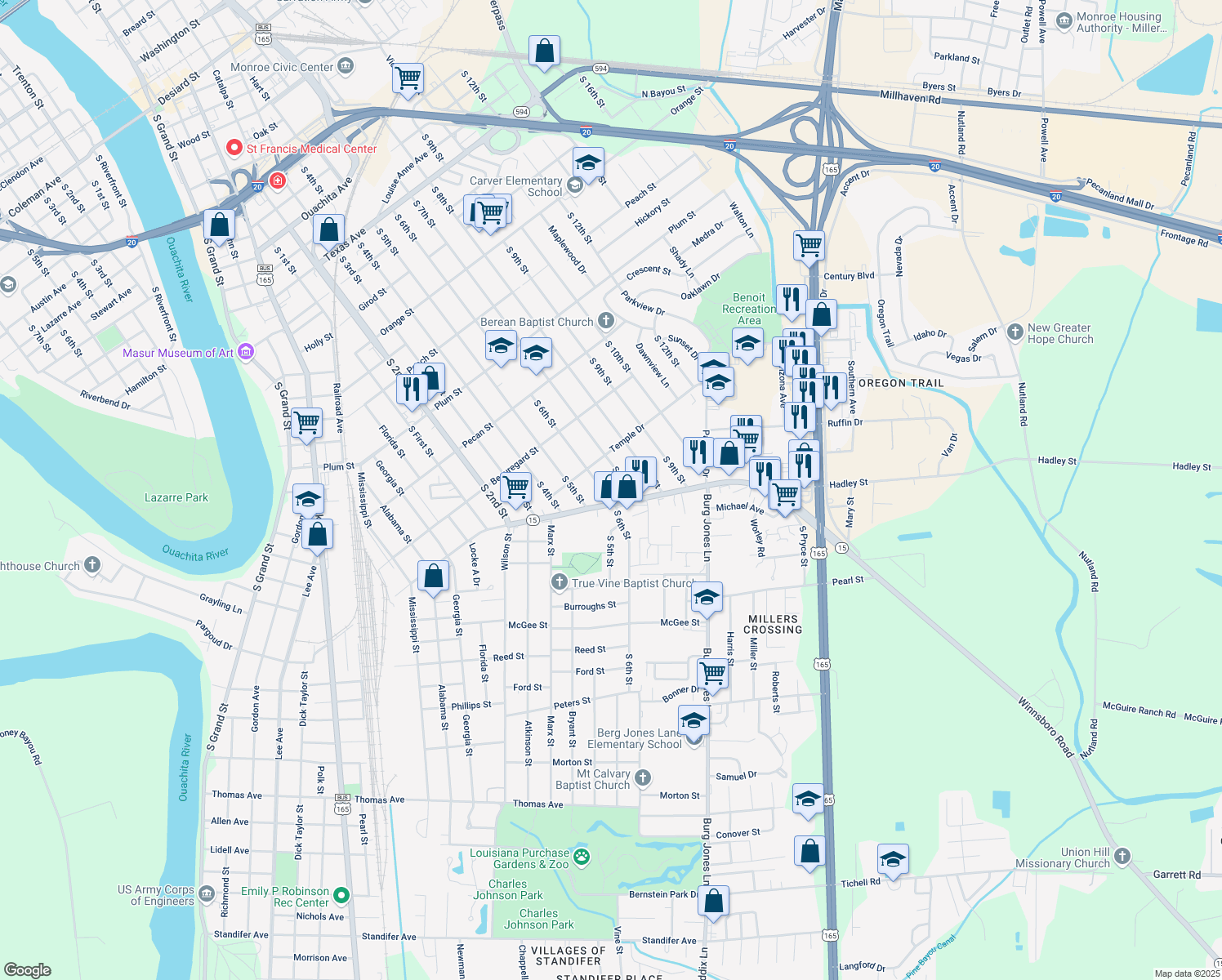 map of restaurants, bars, coffee shops, grocery stores, and more near 1715 S 6th St in Monroe