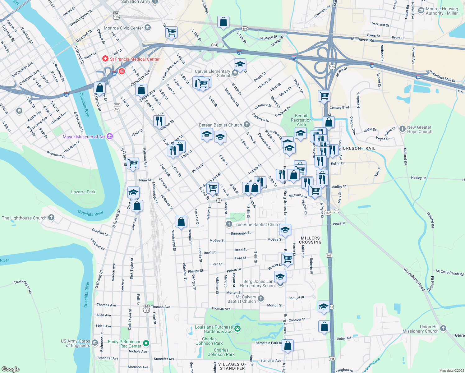 map of restaurants, bars, coffee shops, grocery stores, and more near 898 Temple Dr in Monroe