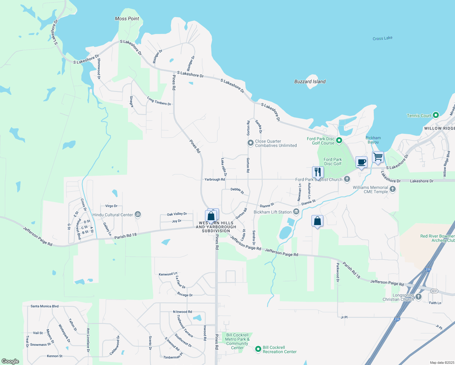 map of restaurants, bars, coffee shops, grocery stores, and more near 6133 Yarbrough Rd in Shreveport