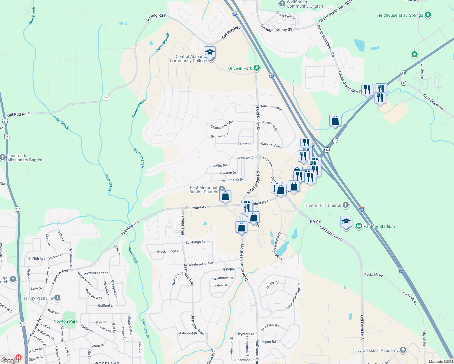 map of restaurants, bars, coffee shops, grocery stores, and more near 555 Ashton Oak Dr in Prattville
