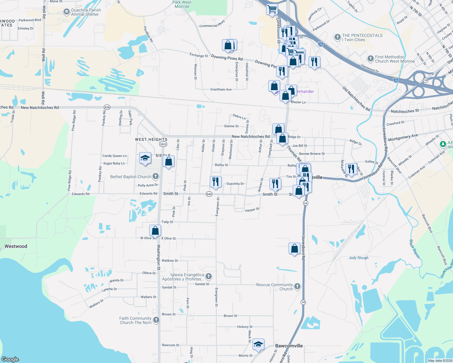map of restaurants, bars, coffee shops, grocery stores, and more near 308 Ouachita Dr in West Monroe