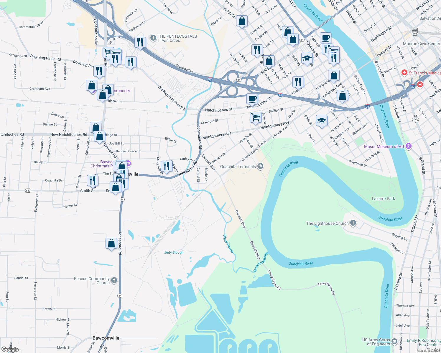 map of restaurants, bars, coffee shops, grocery stores, and more near 1798 Coleman Ave in West Monroe