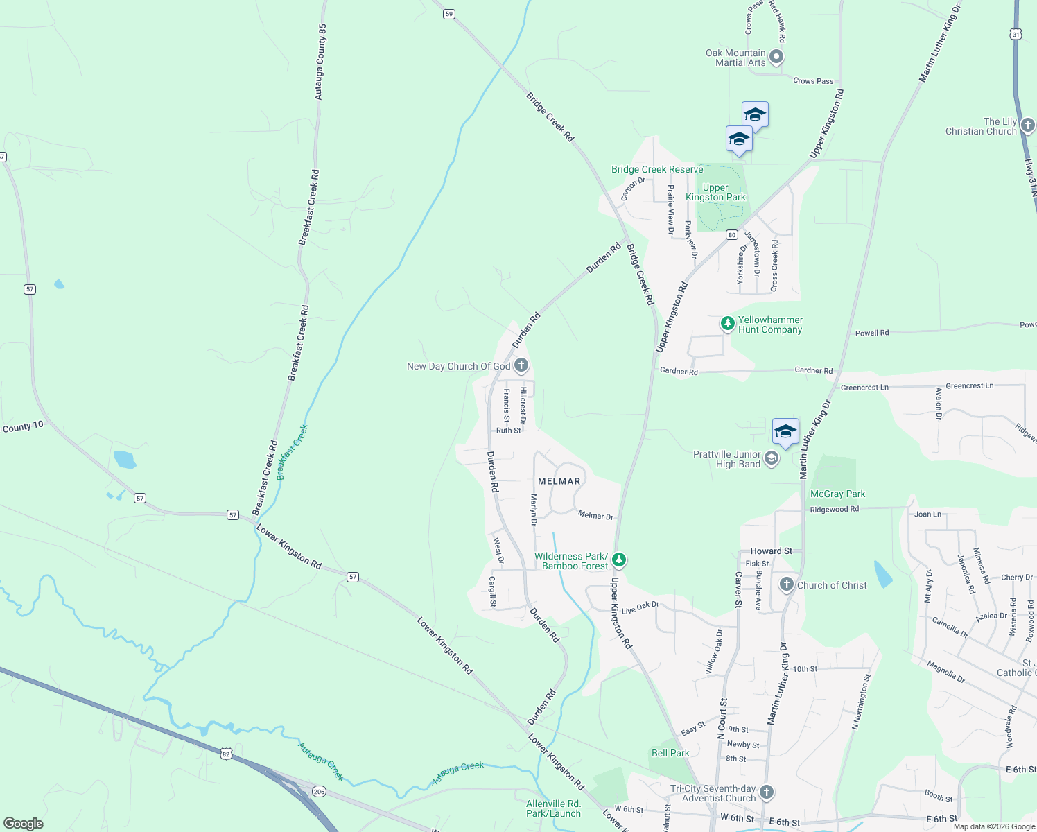 map of restaurants, bars, coffee shops, grocery stores, and more near 711 Hillcrest Dr in Prattville