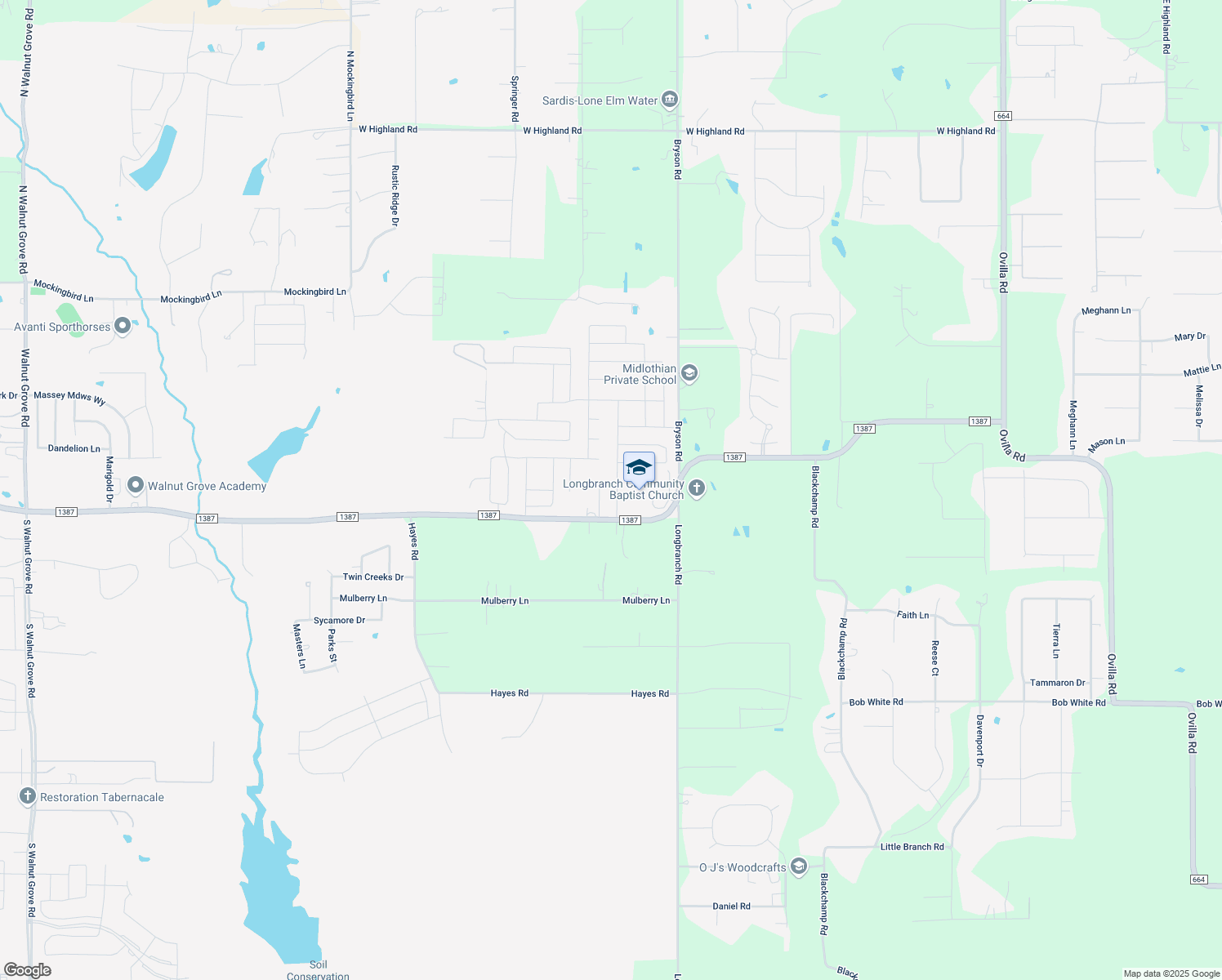 map of restaurants, bars, coffee shops, grocery stores, and more near 521 Branchwood Drive in Midlothian