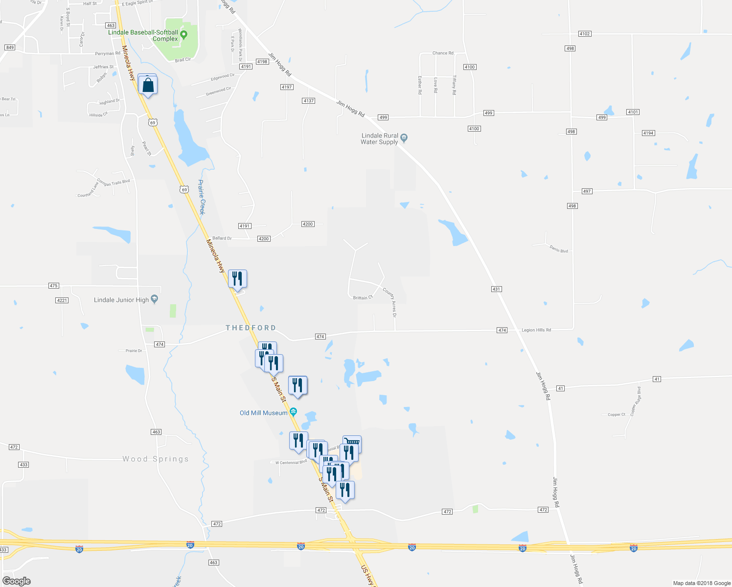 map of restaurants, bars, coffee shops, grocery stores, and more near 15560 Brittain Ct in Lindale