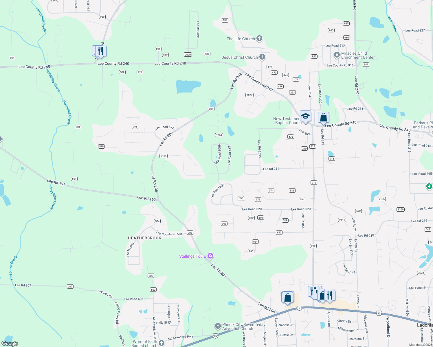 map of restaurants, bars, coffee shops, grocery stores, and more near 427 Lee Road 412 in Phenix City