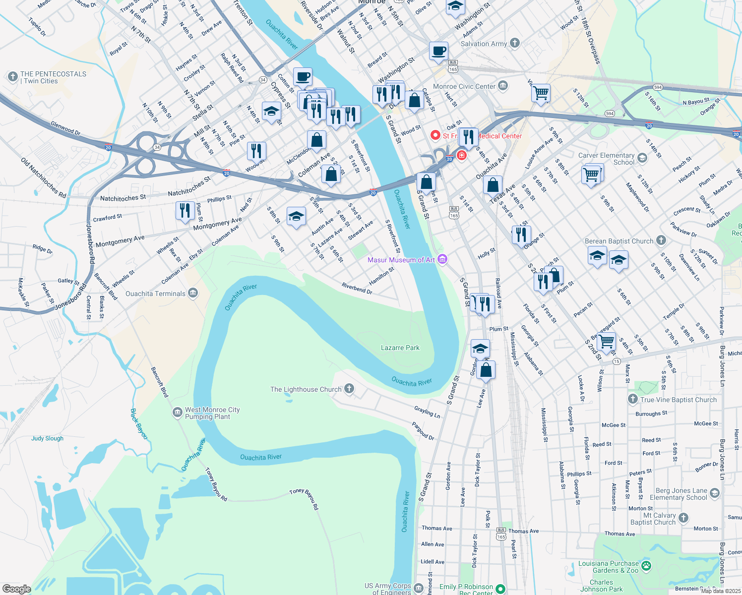 map of restaurants, bars, coffee shops, grocery stores, and more near 307 Riverbend Dr in West Monroe