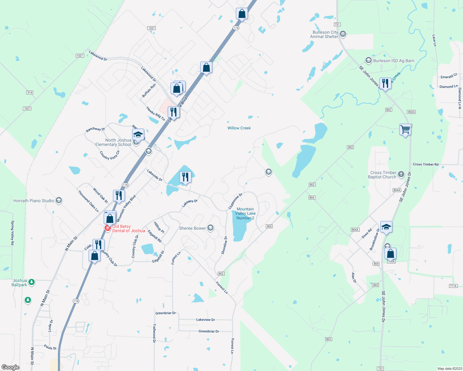 map of restaurants, bars, coffee shops, grocery stores, and more near 2721 Pinnacle Drive in Burleson