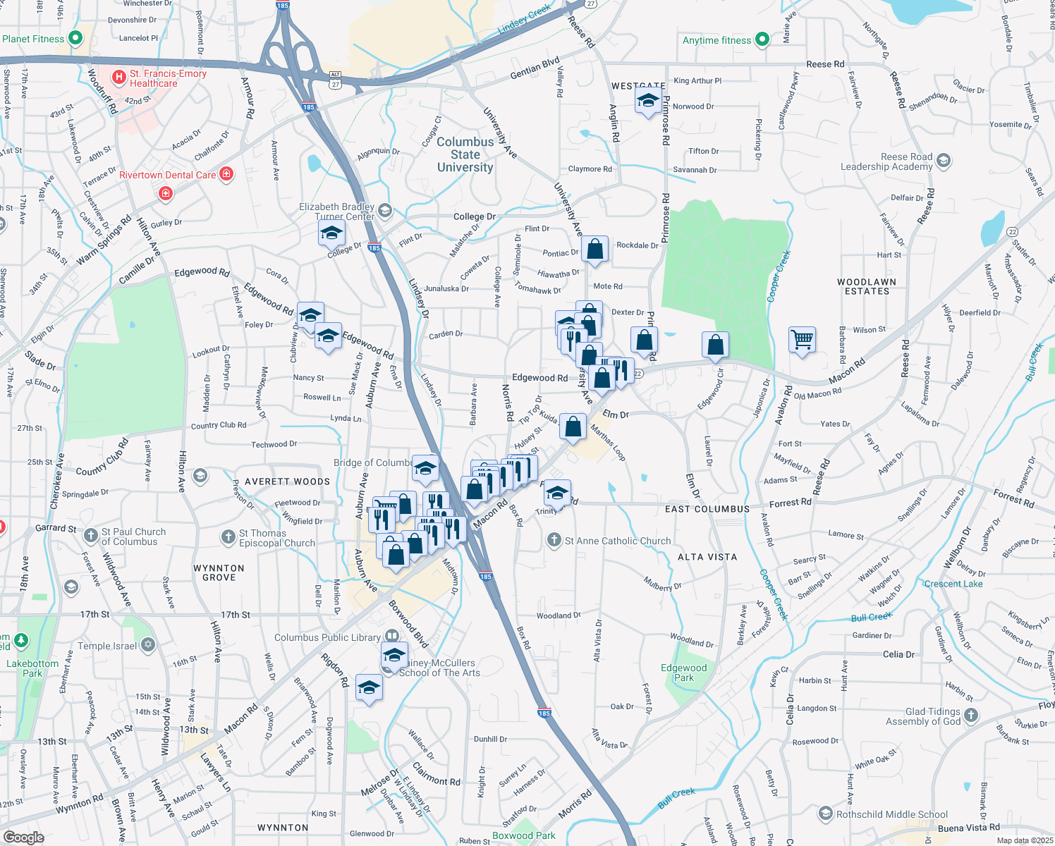 map of restaurants, bars, coffee shops, grocery stores, and more near 2716 Tip Top Drive in Columbus