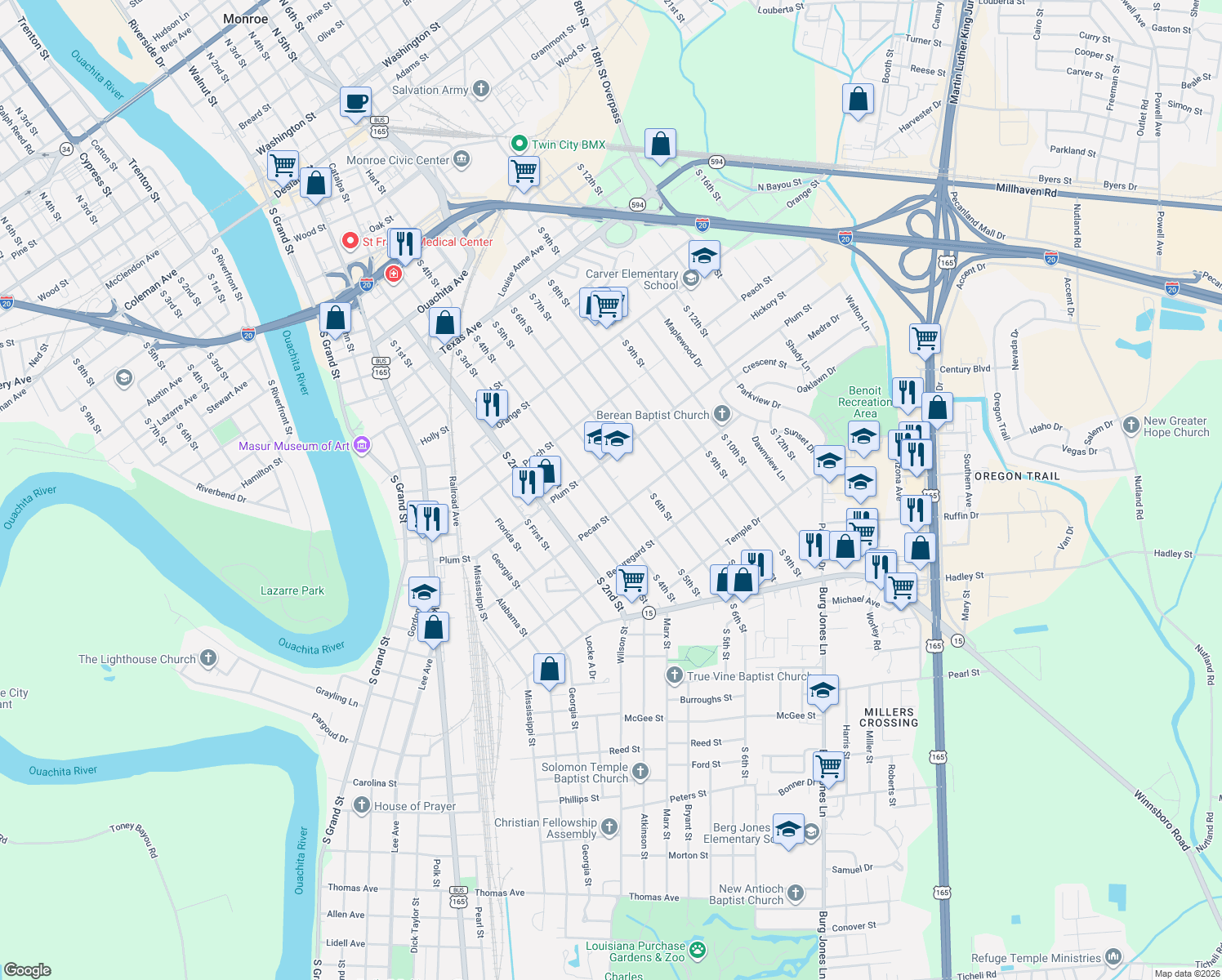 map of restaurants, bars, coffee shops, grocery stores, and more near 1300 S 5th St in Monroe