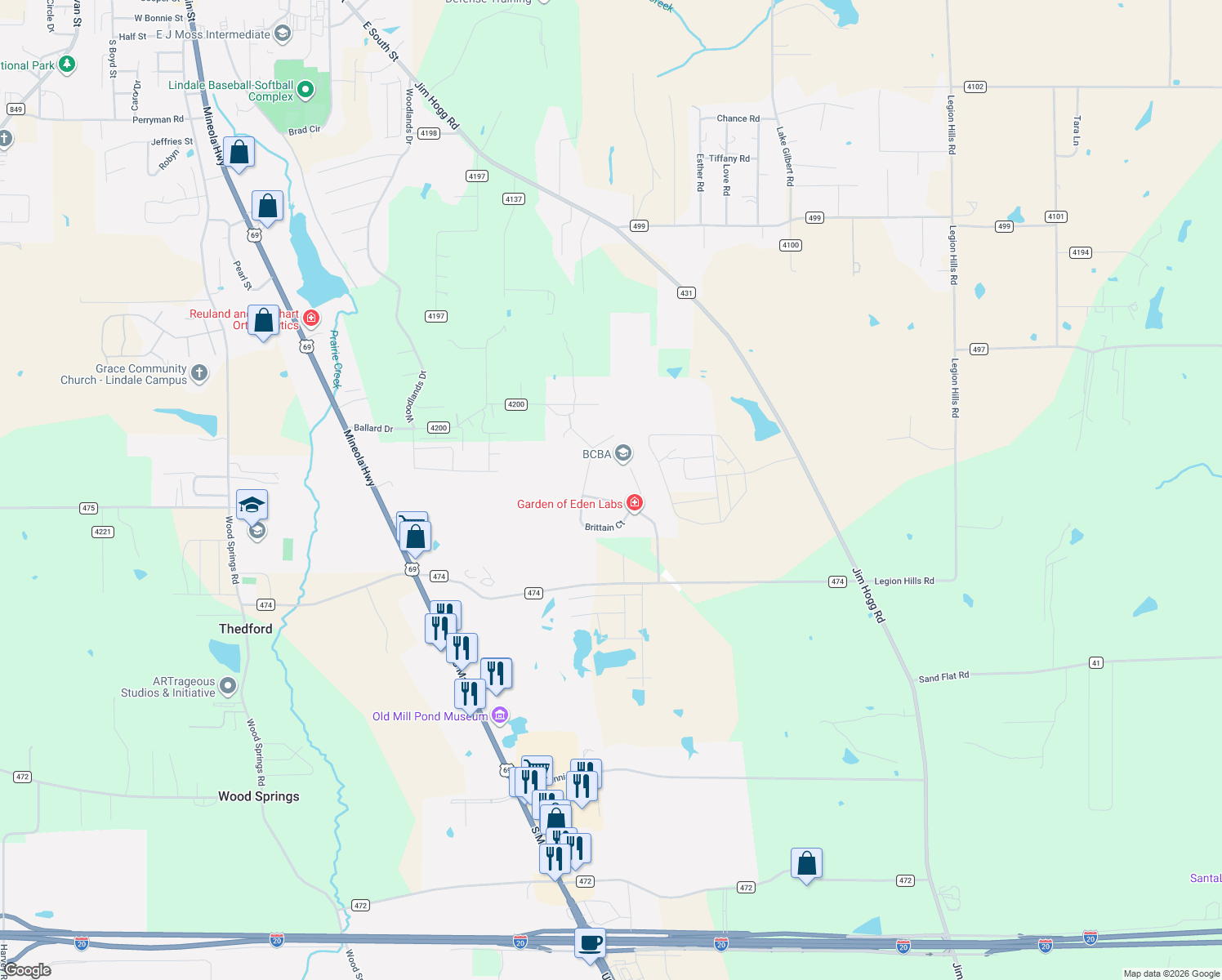 map of restaurants, bars, coffee shops, grocery stores, and more near 15320 Country Acres Drive in Lindale
