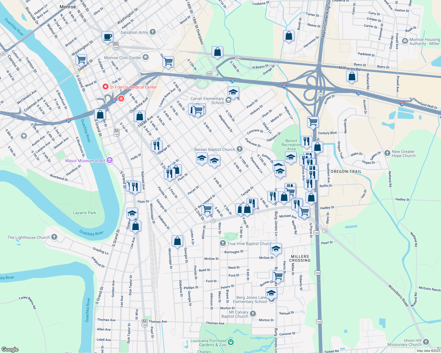 map of restaurants, bars, coffee shops, grocery stores, and more near 1406 S 7th St in Monroe