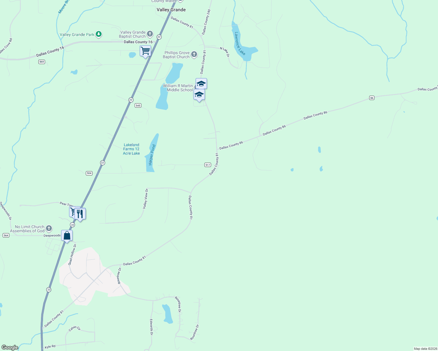 map of restaurants, bars, coffee shops, grocery stores, and more near 2160 County Road 81 in Valley Grande