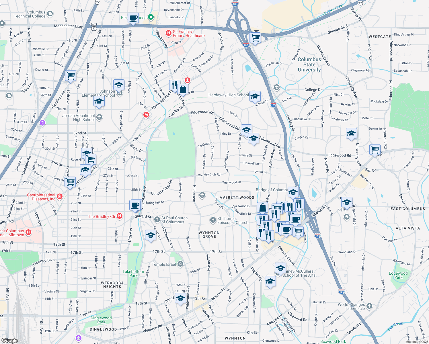 map of restaurants, bars, coffee shops, grocery stores, and more near 2511 Country Club Rd in Columbus