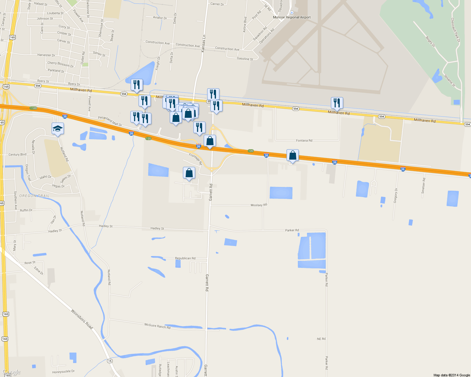 map of restaurants, bars, coffee shops, grocery stores, and more near 1545 Garrett Rd in Monroe