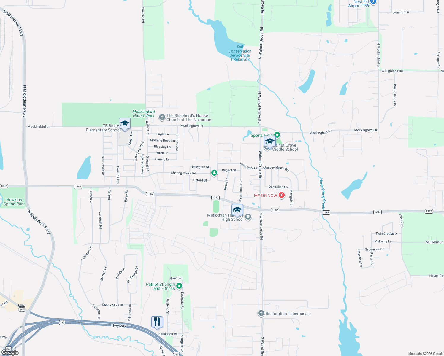 map of restaurants, bars, coffee shops, grocery stores, and more near 3602 Royal Ct in Midlothian