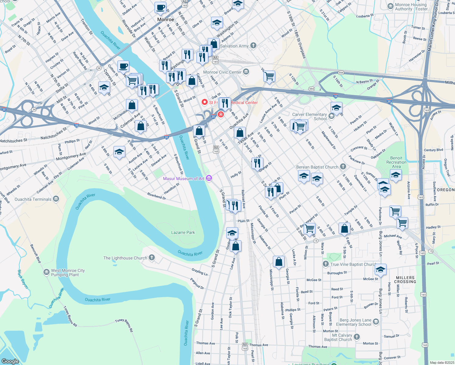 map of restaurants, bars, coffee shops, grocery stores, and more near 1414 Jackson St in Monroe