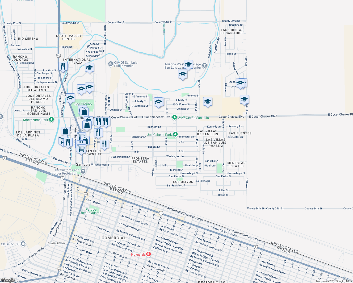 map of restaurants, bars, coffee shops, grocery stores, and more near 7th Ave in San Luis