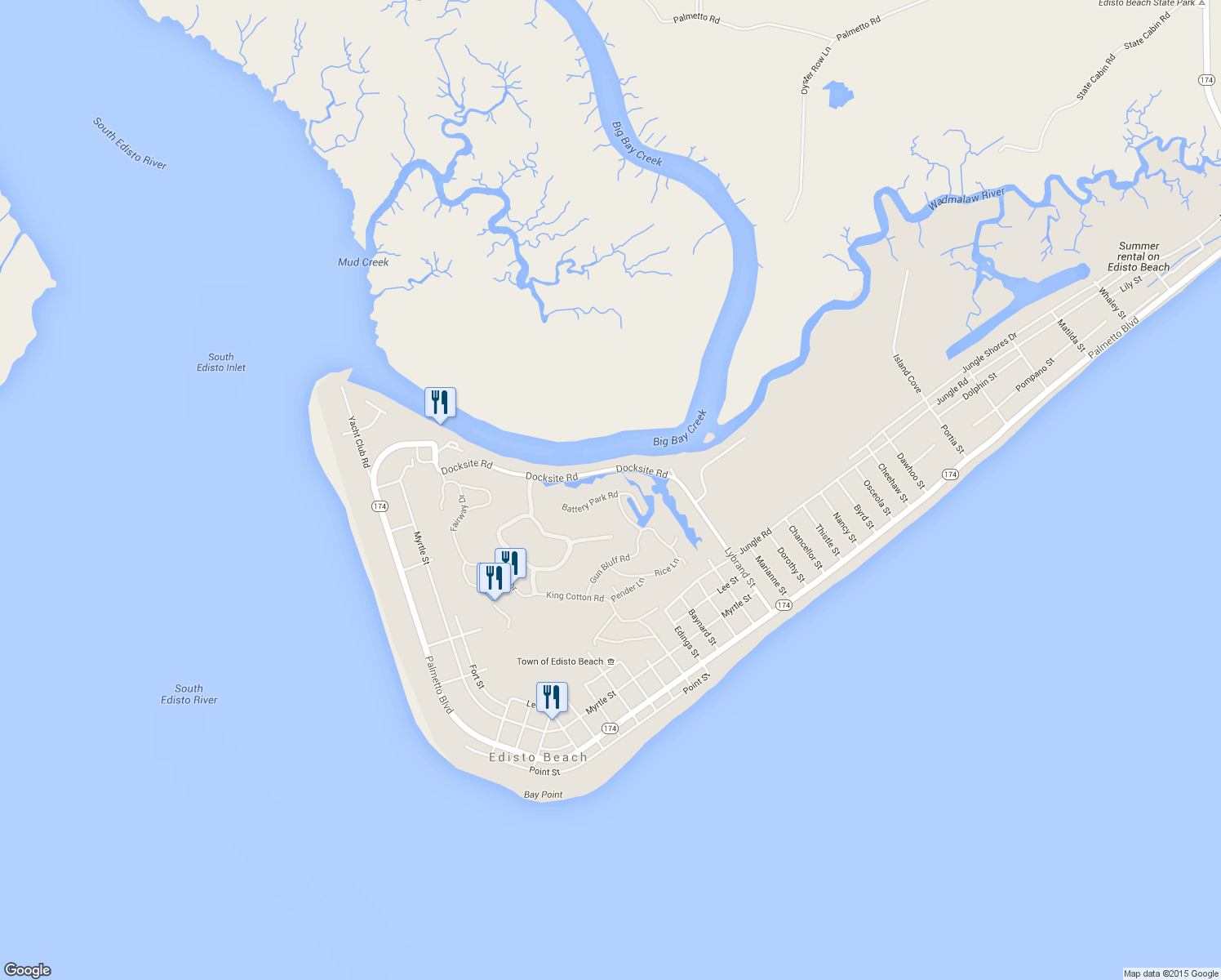 map of restaurants, bars, coffee shops, grocery stores, and more near 10 Battery Park Road in Edisto Island