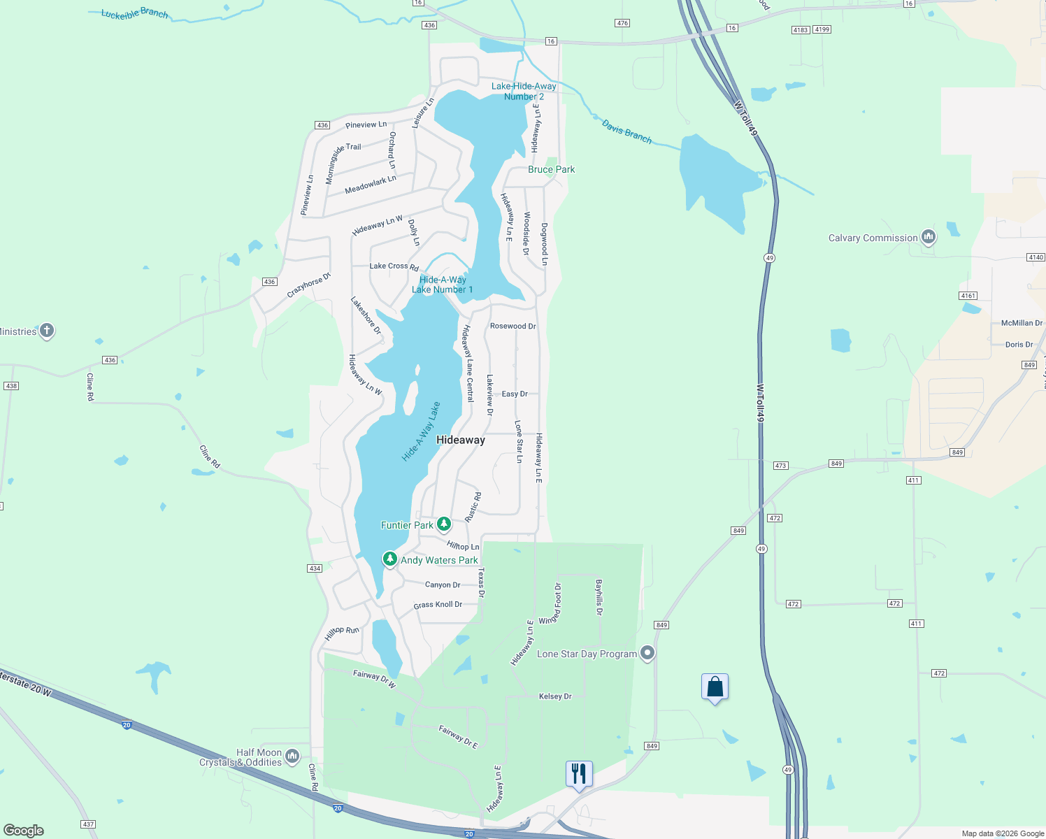 map of restaurants, bars, coffee shops, grocery stores, and more near 407 Lone Star Ln in Hideaway