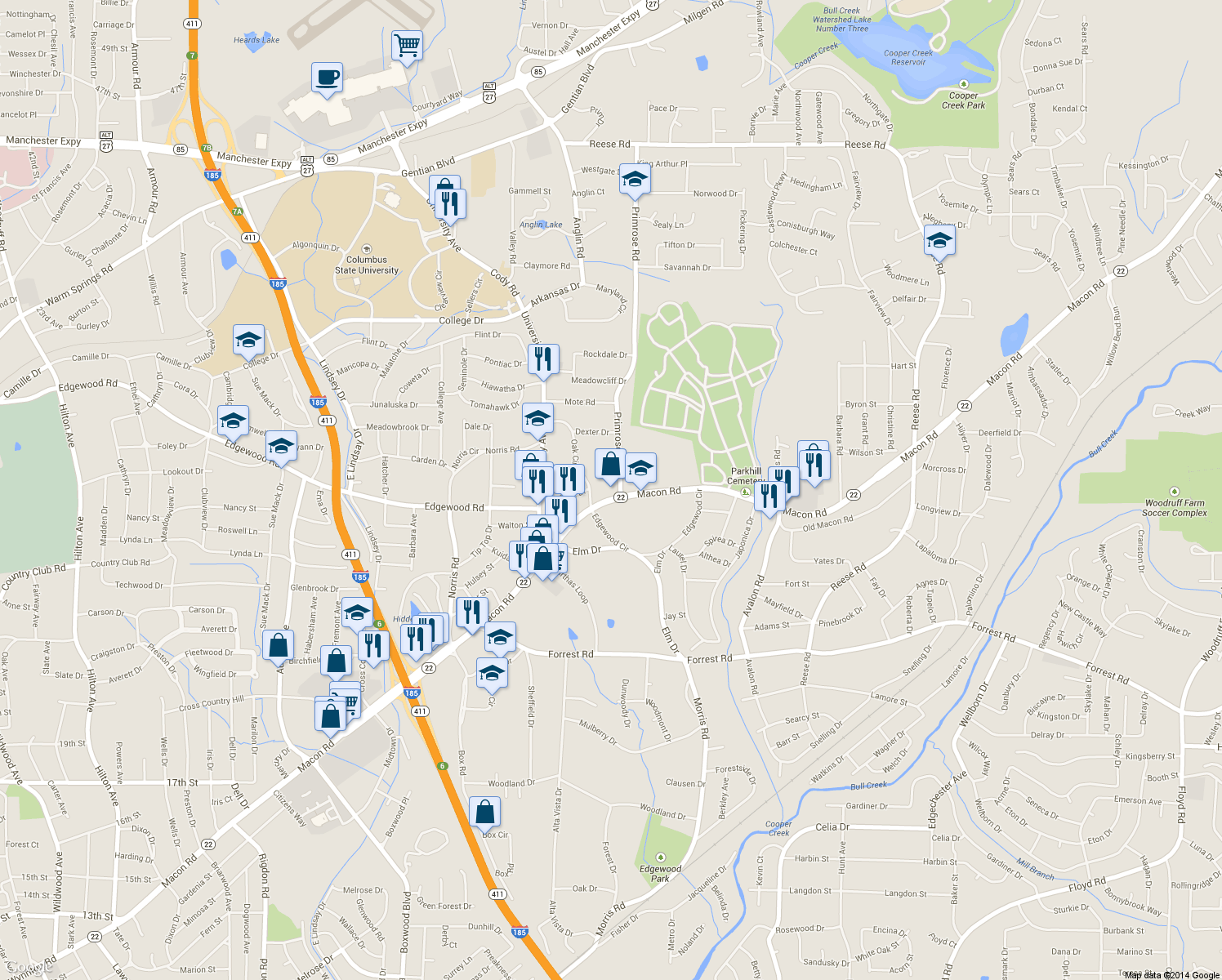 map of restaurants, bars, coffee shops, grocery stores, and more near 3939 Macon Rd in Columbus