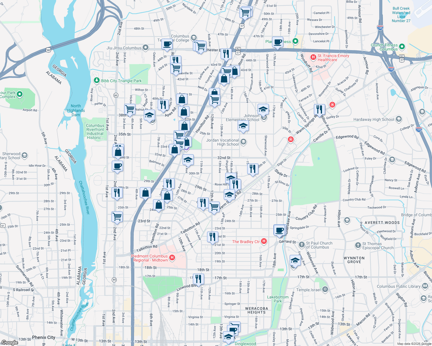 map of restaurants, bars, coffee shops, grocery stores, and more near 2960 12th Avenue in Columbus