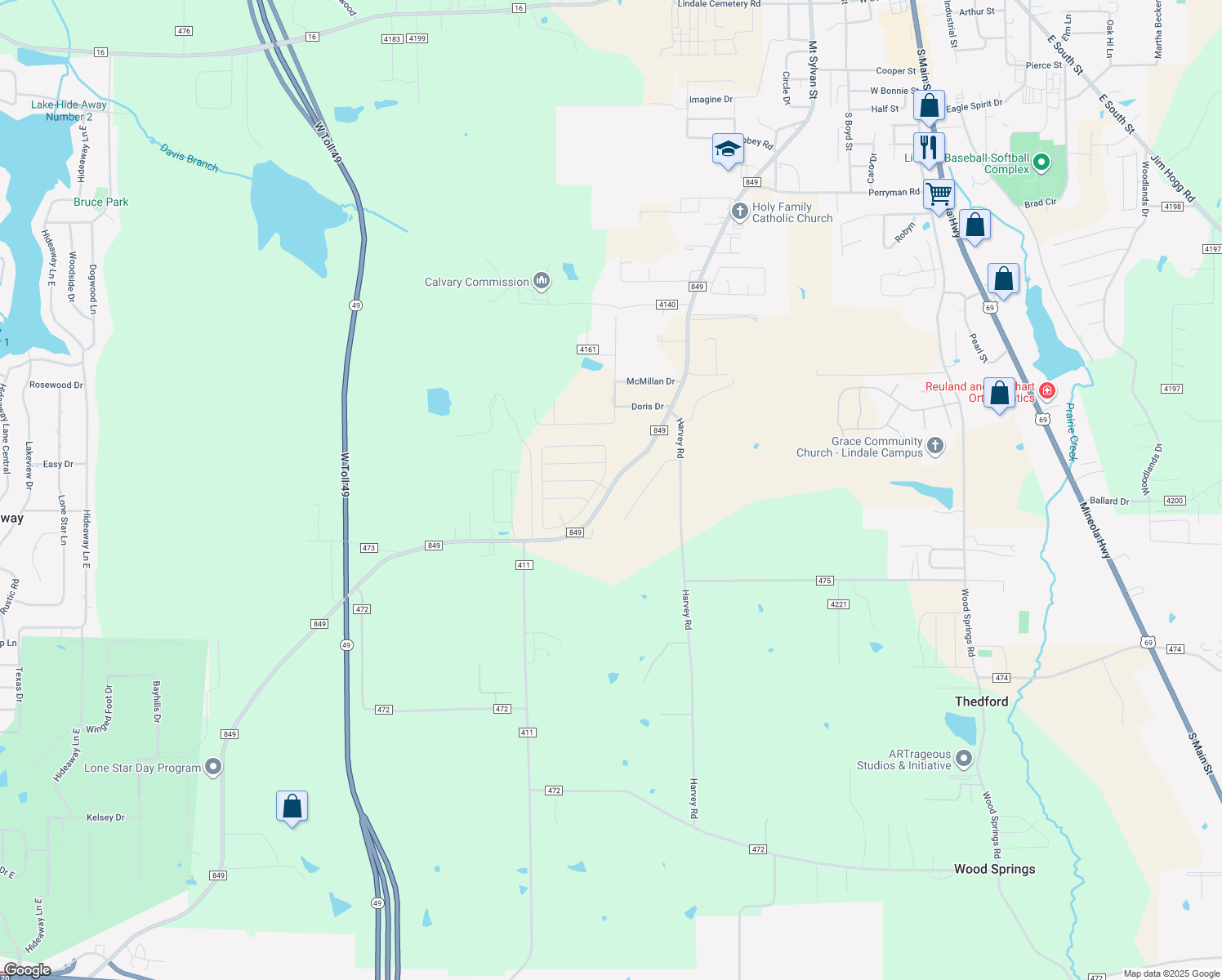 map of restaurants, bars, coffee shops, grocery stores, and more near 15529 Farm-To-Market 849 in Tyler