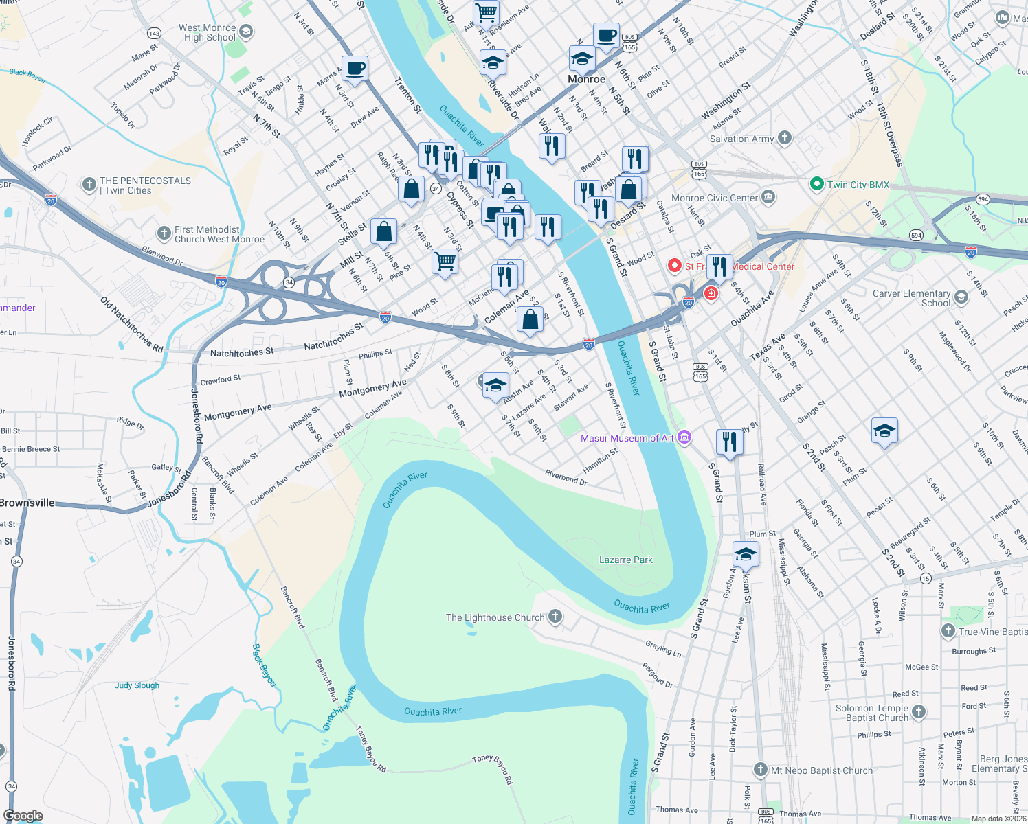 map of restaurants, bars, coffee shops, grocery stores, and more near 604 Lazarre Avenue in West Monroe