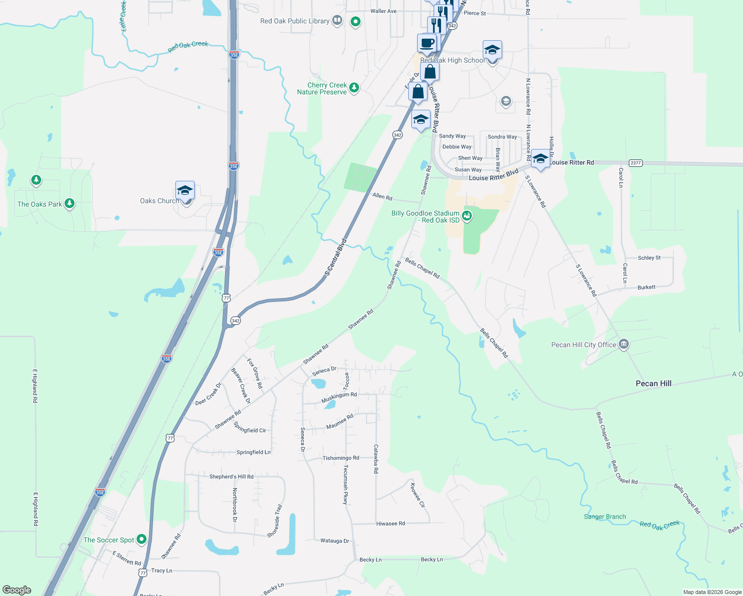 map of restaurants, bars, coffee shops, grocery stores, and more near 899 Shawnee Rd in Waxahachie