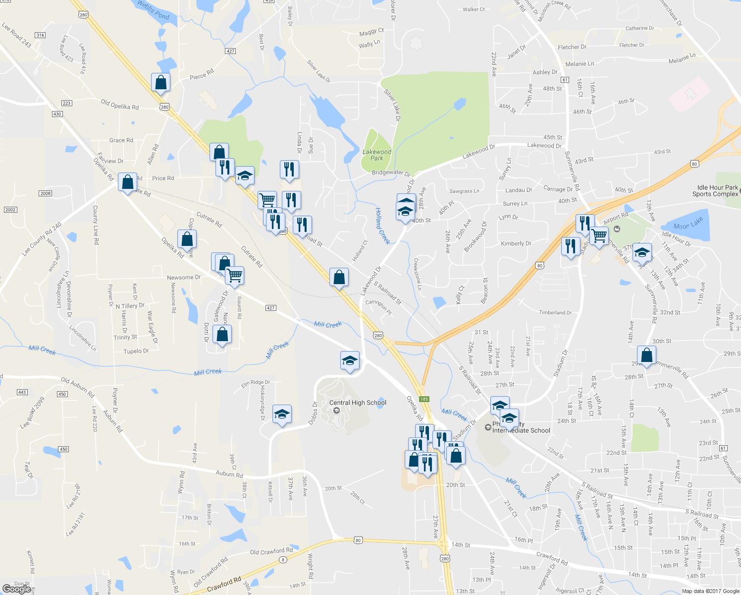 map of restaurants, bars, coffee shops, grocery stores, and more near 3506 Carrington Place in Phenix City