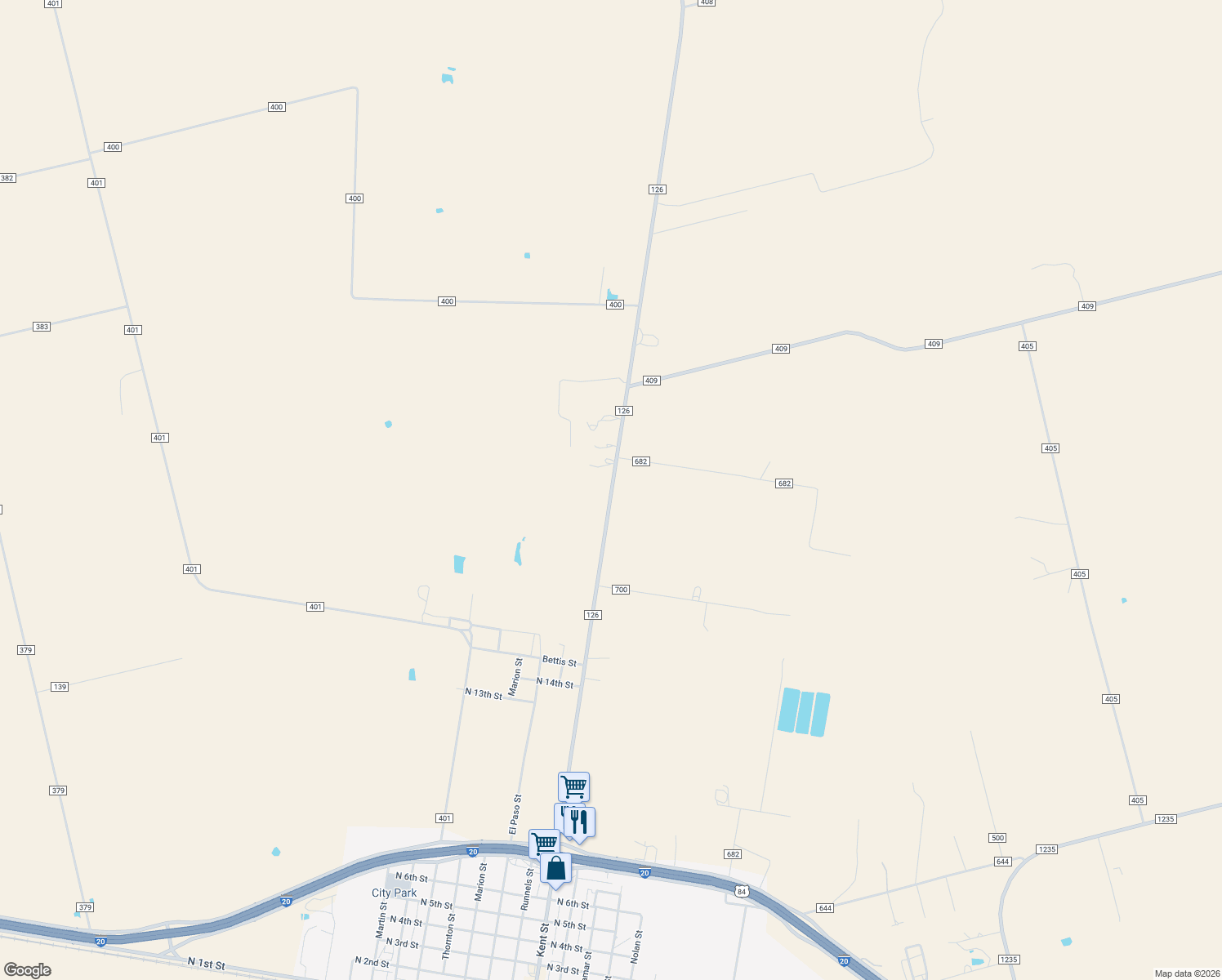 map of restaurants, bars, coffee shops, grocery stores, and more near 916 Farm to Market 126 in Merkel