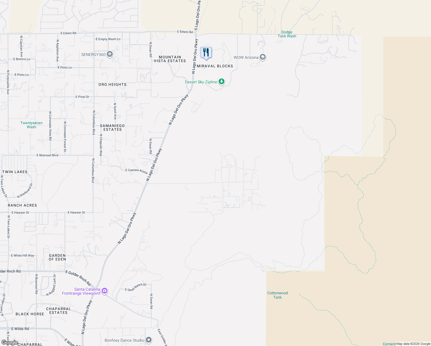 map of restaurants, bars, coffee shops, grocery stores, and more near 15885 North Equestrian Trail in Tucson