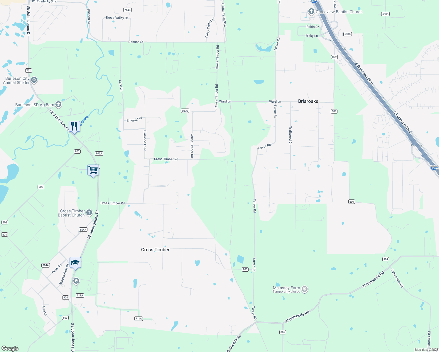 map of restaurants, bars, coffee shops, grocery stores, and more near 3924 Cross Timber Road in Burleson