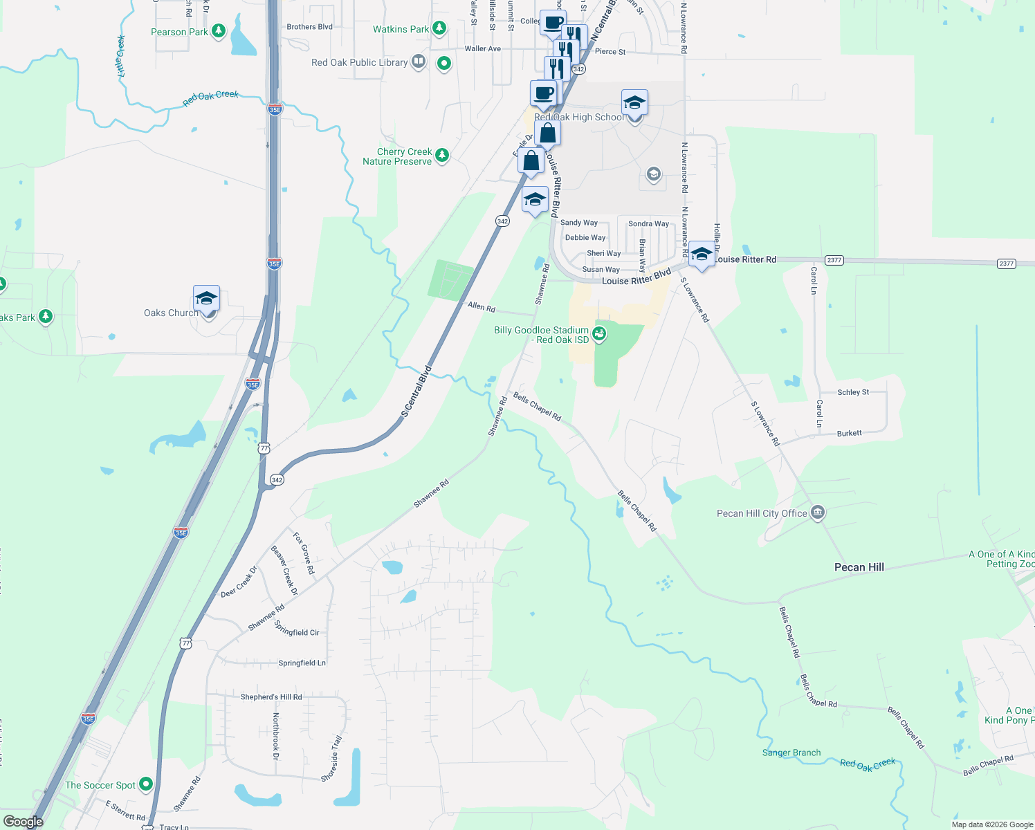 map of restaurants, bars, coffee shops, grocery stores, and more near 130 Bells Chapel Road in Waxahachie
