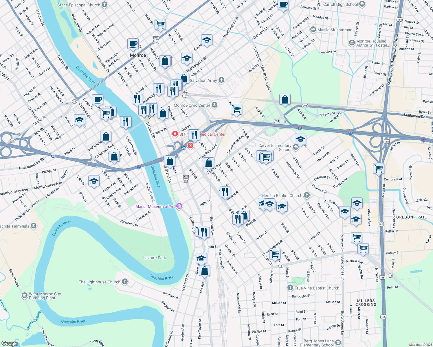 map of restaurants, bars, coffee shops, grocery stores, and more near 506 S 3rd St in Monroe