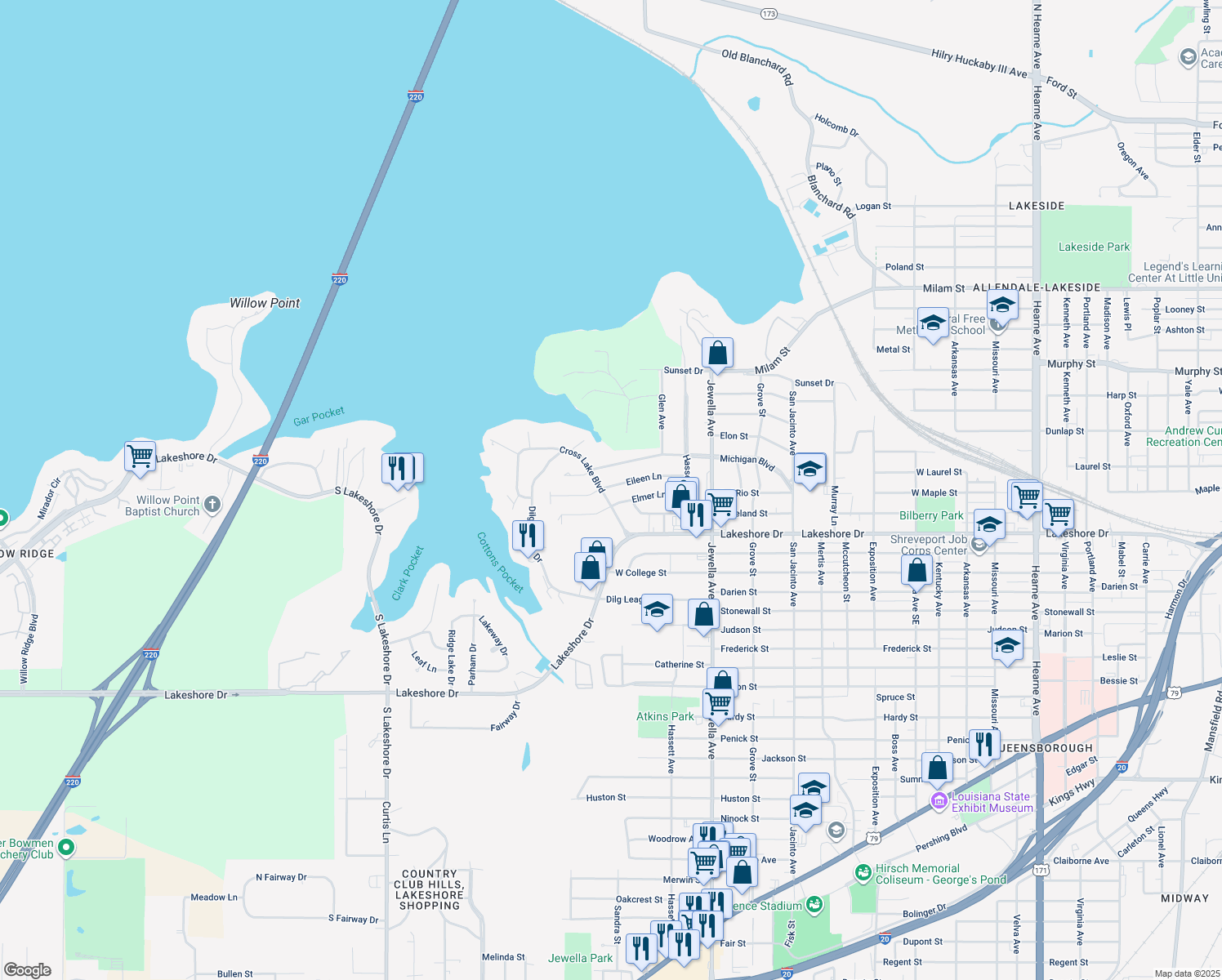map of restaurants, bars, coffee shops, grocery stores, and more near 3855 Eileen Lane in Shreveport