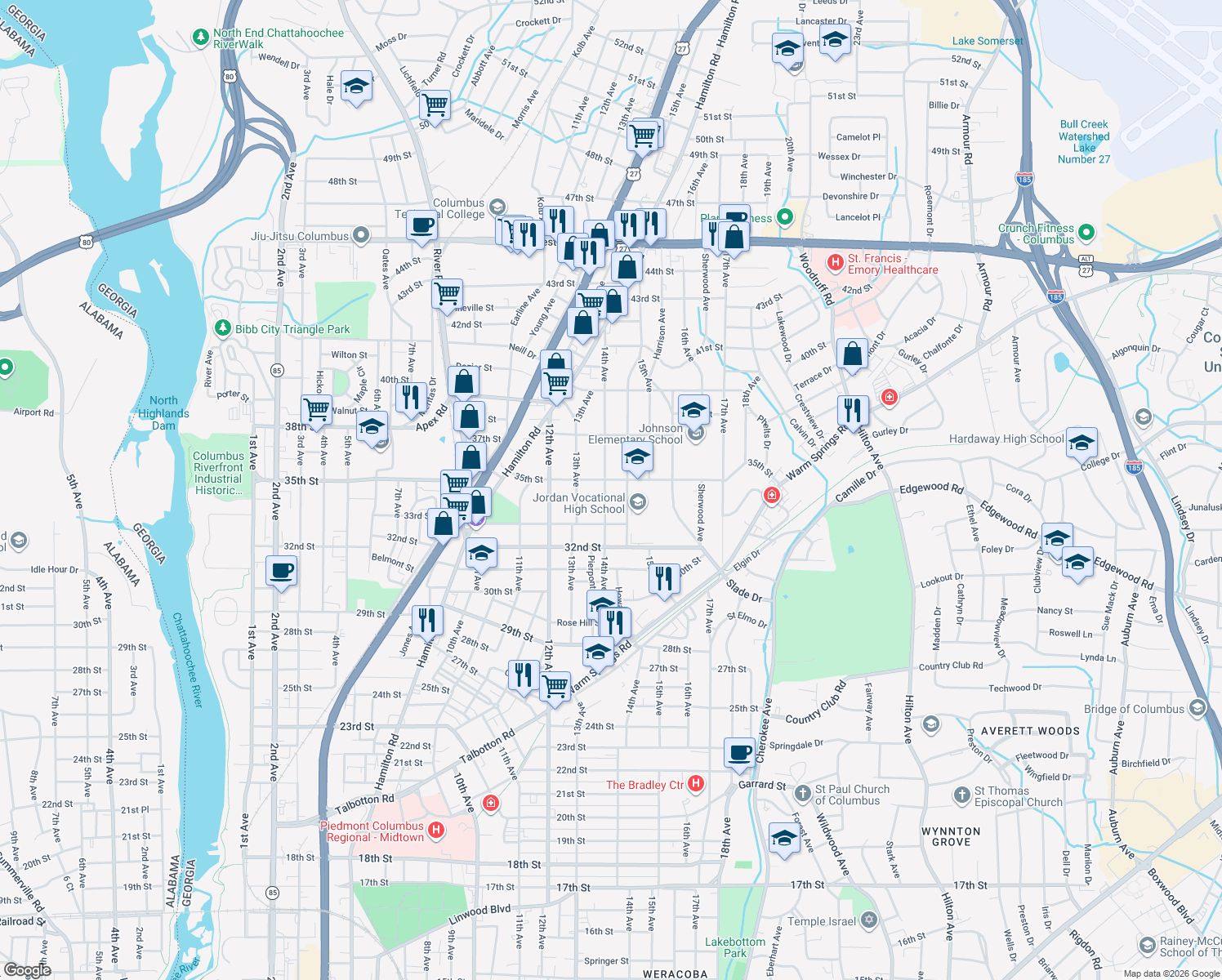 map of restaurants, bars, coffee shops, grocery stores, and more near 3413 Howard Avenue in Columbus